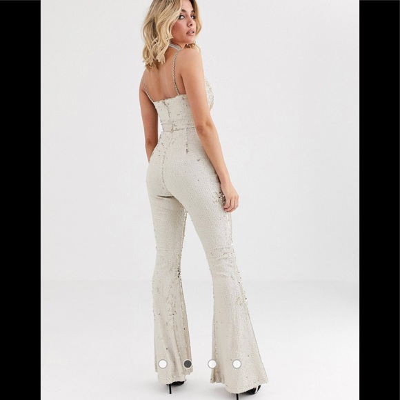 Rare London cowl front sequin jumpsuit with chain strap detail in light gold. - Picture 3 of 3